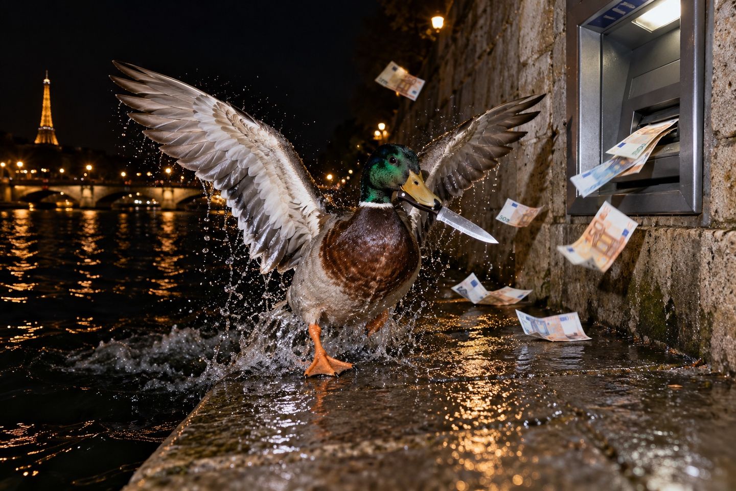 A duck bursts out of the Seine onto the quay with a knife in its bill, banknotes flying out of a cash machine in the wall