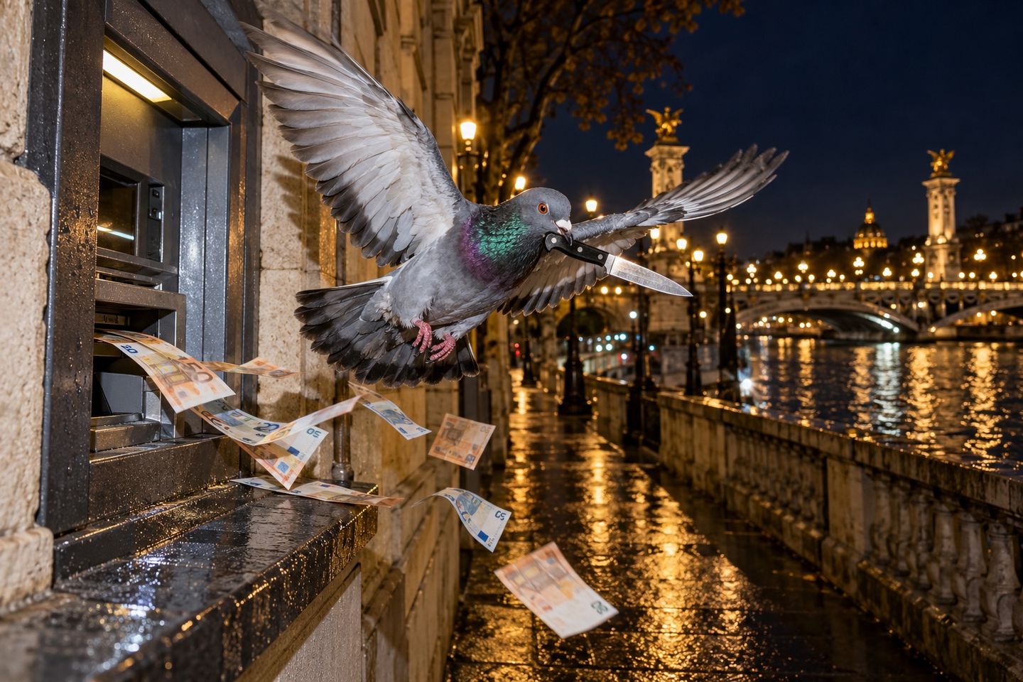 Un pigeon s’envole d’un distributeur de billets au bord de la Seine, un couteau dans le bec, au milieu des billets qui volent